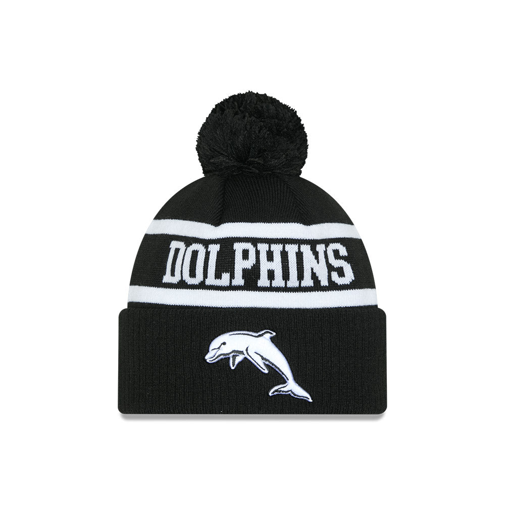The Dolphins Beanie - 2025 NRL Black White Pom Knit - New Era